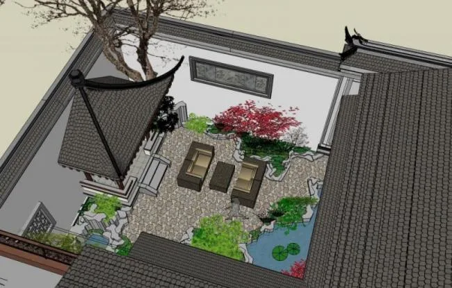 Sketchup景观模型|庭院景观，中式风格