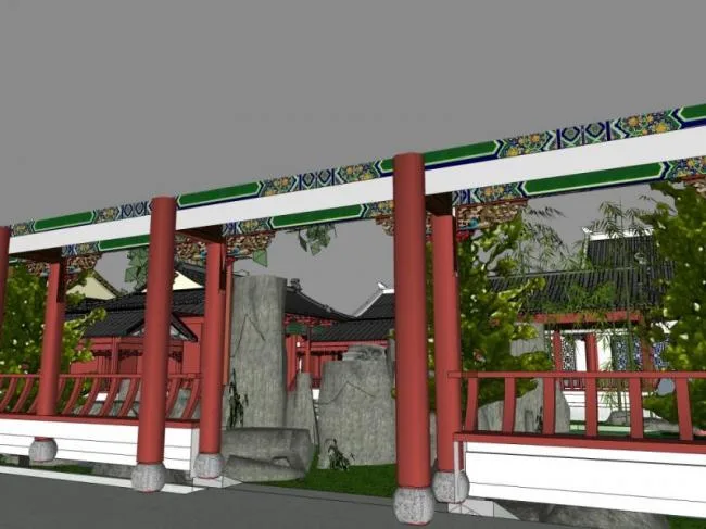 Sketchup景观模型|庭院景观，中式风格