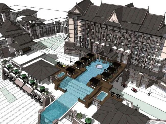 Sketchup酒店模型|多层酒店，东南亚风格