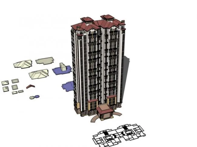 Sketchup住宅模型|高层住宅楼，古典风格