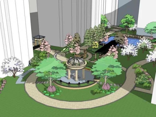 Sketchup景观模型|小区景观，住宅景观，古典风格