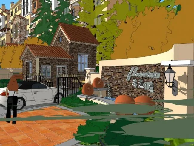 Sketchup景观模型|小区入口景观，西班牙风格，古典风格