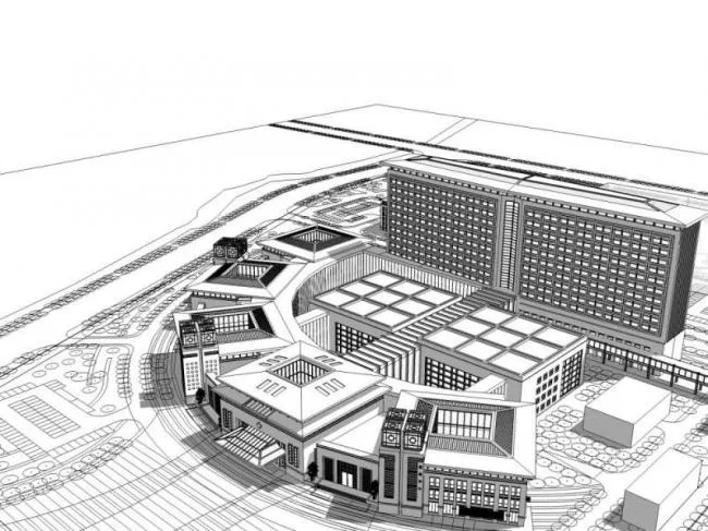 Sketchup医院模型|多高层医院，医疗建筑，中式风格