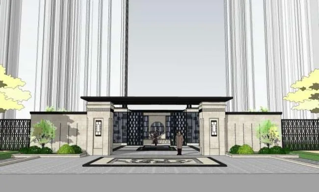 Sketchup住宅模型|小区入口，现代中式风格