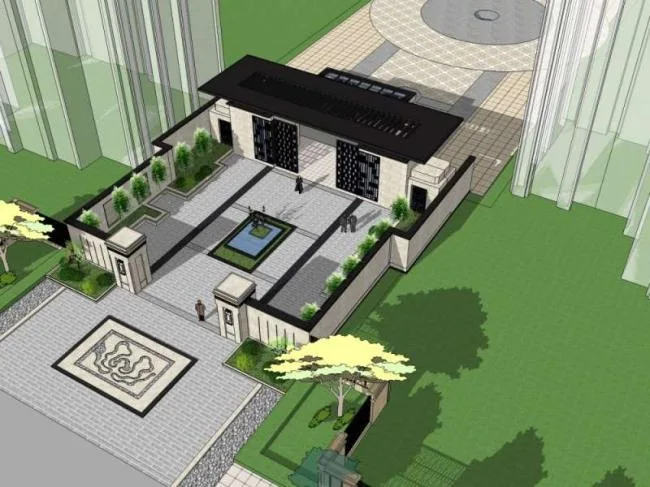 Sketchup住宅模型|小区入口，现代中式风格