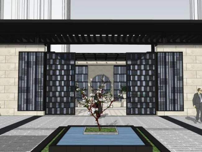 Sketchup住宅模型|小区入口，现代中式风格