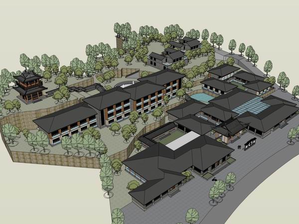 Sketchup酒店模型|多层度假村式酒店，现代中式风格