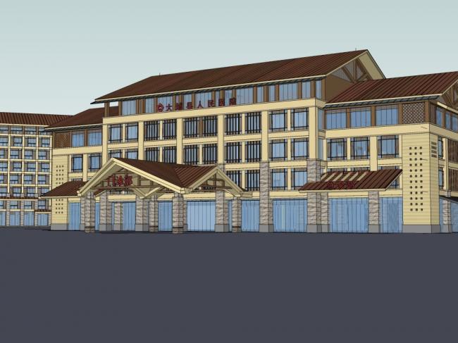 Sketchup医院模型|多层大雄县人民医院，医疗建筑，古典风格