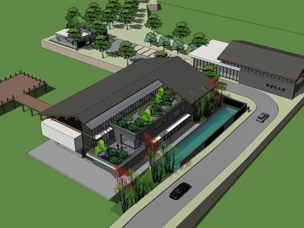Sketchup景观模型|多层休闲景观会所景观，中式风格