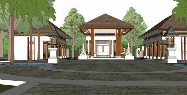 Sketchup酒店模型|多层度假村，酒店，东南亚古典风格