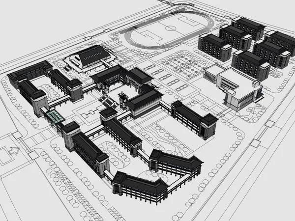 Sketchup学校模型|多层中学学校，校园教育建筑，中式风格