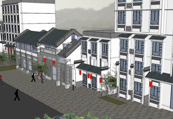 Sketchup商业模型|多层仿古滨水街，商业，现代中式风格