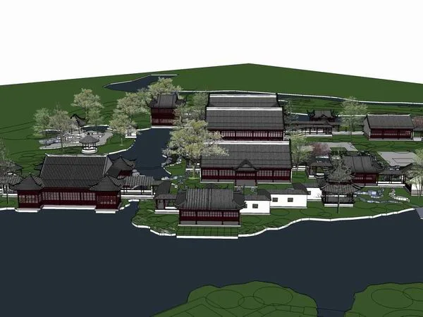 Sketchup景观模型|多层休闲景观会所景观，中式风格