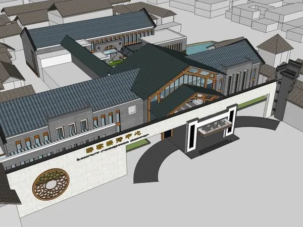 Sketchup景观模型|多层游客接待中心，景观园林，中式风格