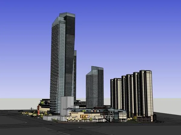 Sketchup综合体模型|超高层办公楼，综合体，住宅楼，底层商业，现代风格