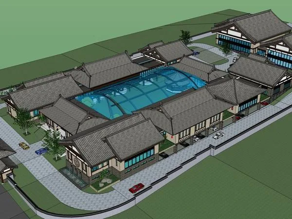 Sketchup酒店模型|多层休闲娱乐度假村，酒店，中式风格