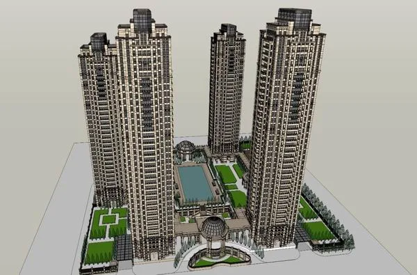 Sketchup住宅模型|超高层住宅，底部商业，现代风格，30层