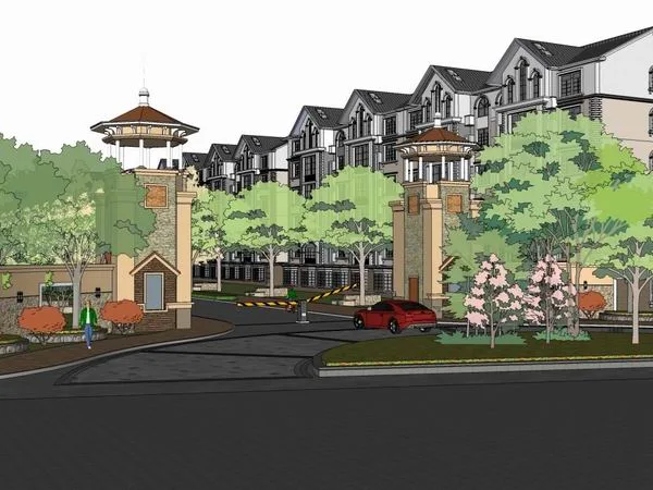 Sketchup景观模型|住宅区的入口及会所的景观规划，古典风格
