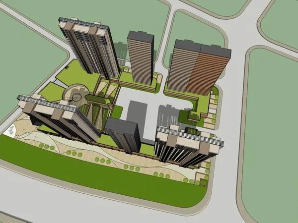 Sketchup住宅模型|高层住宅，底部商业，商业街，现代风格