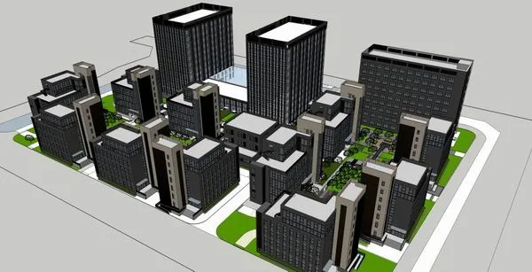 Sketchup住宅模型|高层住宅，办公，公园，现代风格，7+9+11层