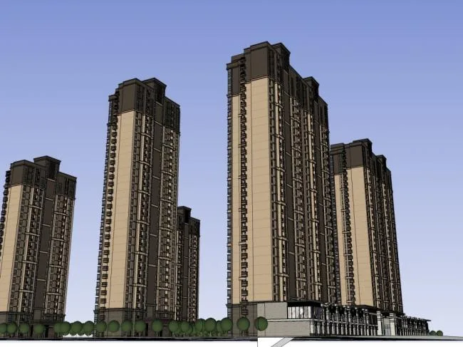 Sketchup住宅模型|高层住宅，沿街商业，古典风格，22+32层