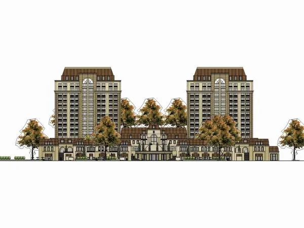 Sketchup住宅模型|高层住宅，底部商业，古典风格，15层