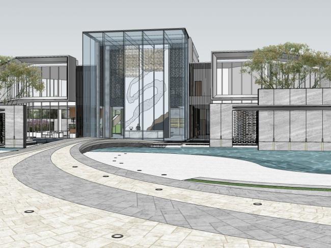 Sketchup商业模型|售楼处，新中式风格，商业建筑