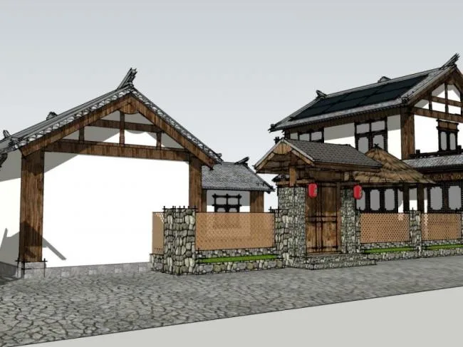 Sketchup酒店模型|多层民宿，中式风格，酒店建筑