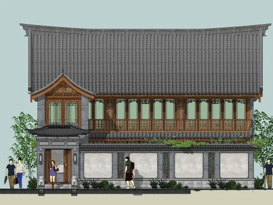 Sketchup住宅模型|多层四开间院墙，中式风格