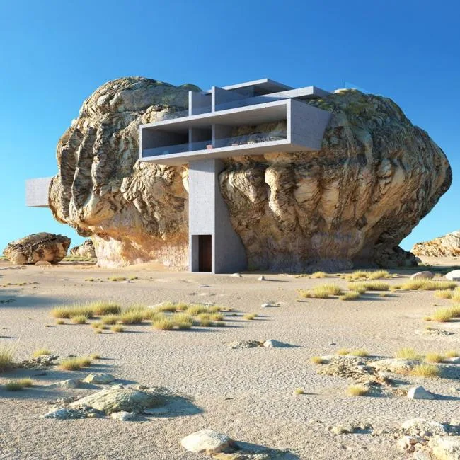 BIM建筑|“岩石中的屋子”：混凝土板的有机几何切割