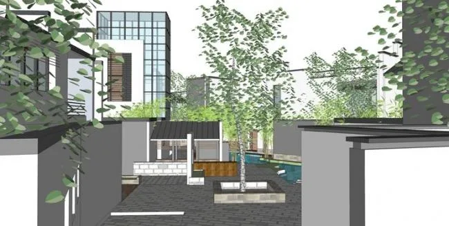 Sketchup别墅模型|别墅群，住宅，中式风格，院落，景观，水景