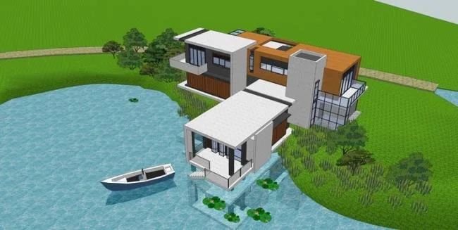 Sketchup别墅模型|住宅设计，山地别墅，现代风格，景观设计，水景