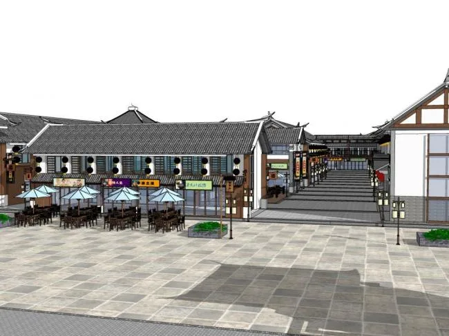 Sketchup商业模型|商业街，新中式风格