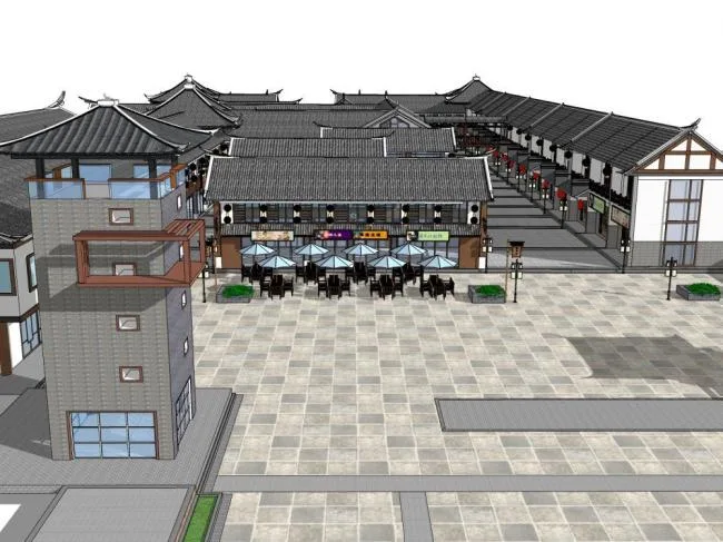 Sketchup商业模型|商业街，新中式风格
