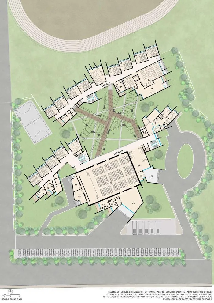 BIM建筑|来自火红色的热烈暴击：角形网格梁架遮荫下的校园 / Sanjay Puri