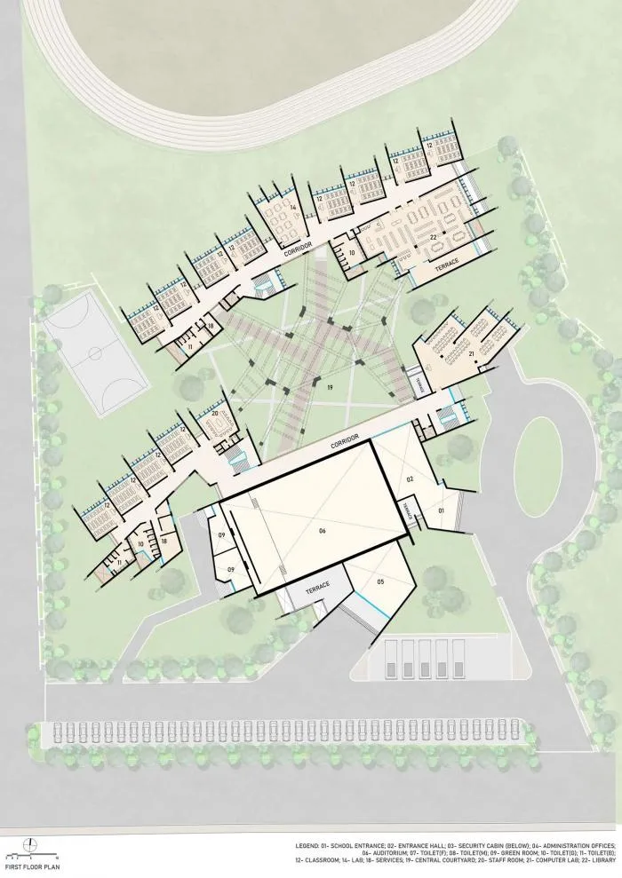 BIM建筑|来自火红色的热烈暴击：角形网格梁架遮荫下的校园 / Sanjay Puri