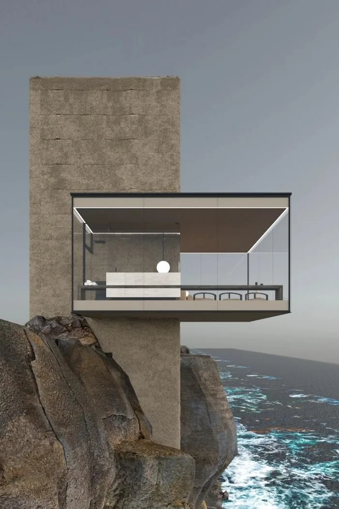 BIM建筑|矗立于悬崖绝壁上的极简玻璃小屋 / Yakusha Design