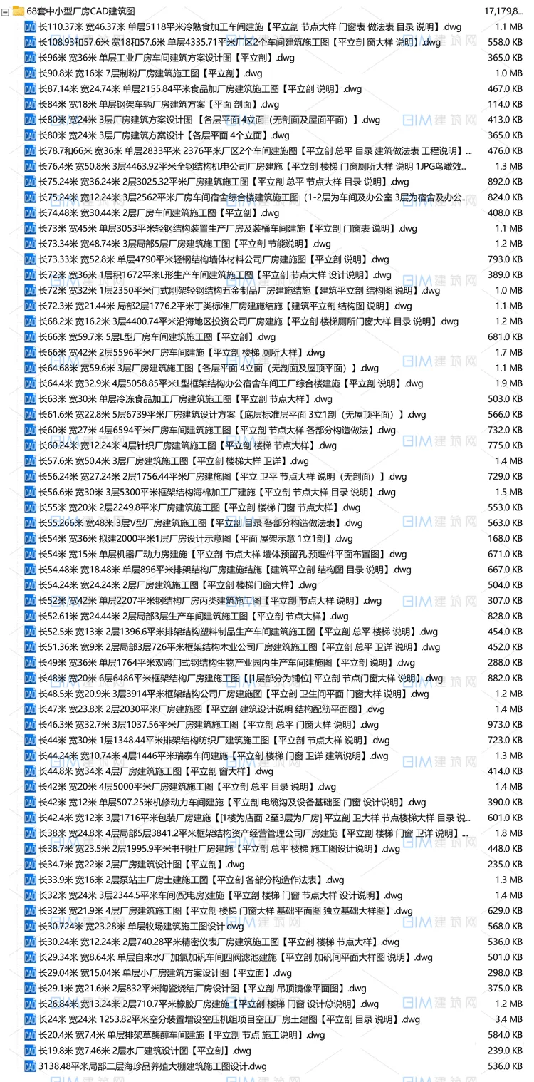 68套工业项目中小型厂房CAD建筑结构施工图DWG图纸