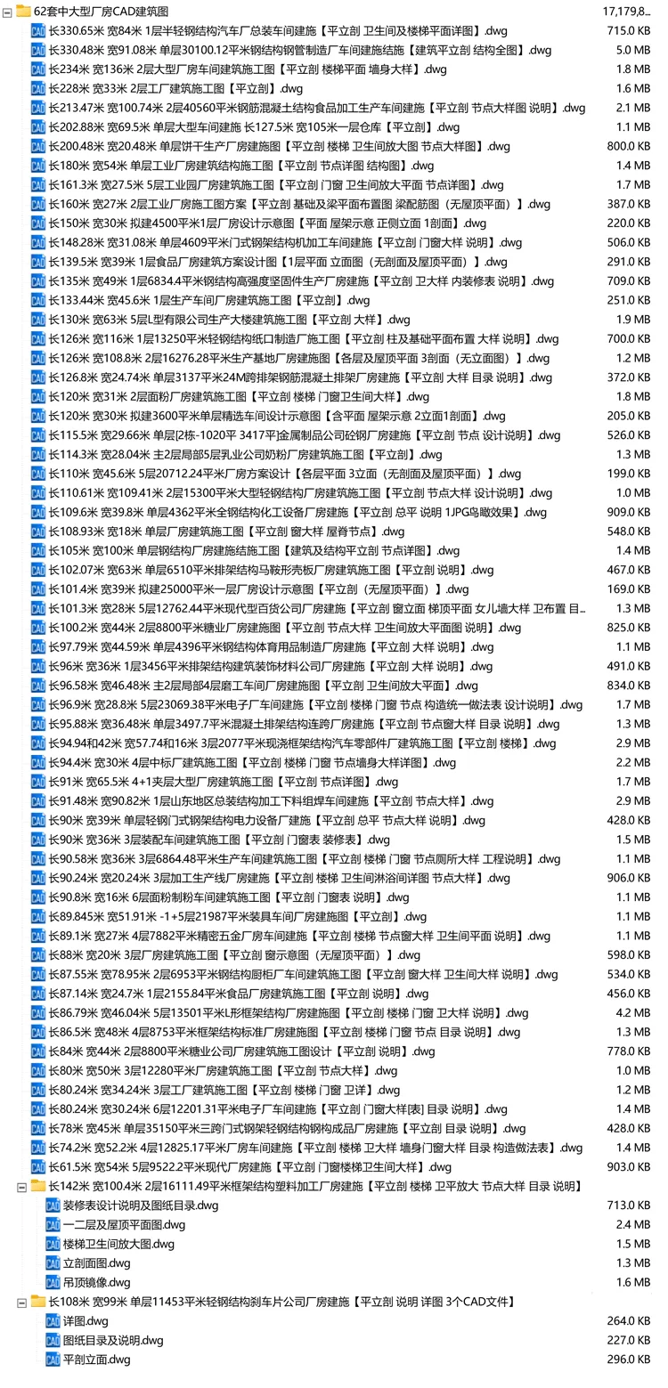 62套工业项目大中型厂房CAD建筑结构施工图DWG图纸