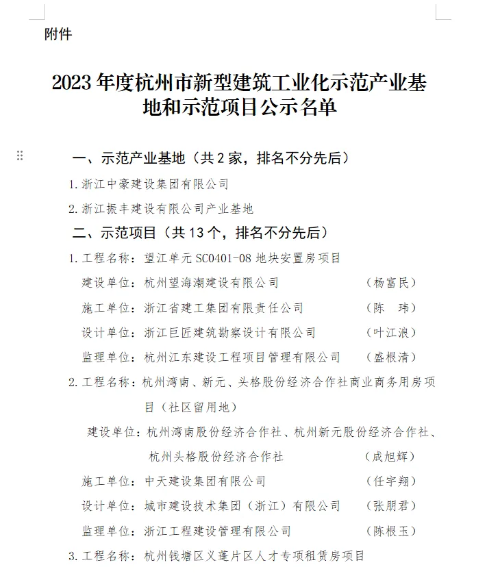 装配式政策|《关于2023年度杭州市新型建筑工业化示范产业基地和项目评审结果的公示》