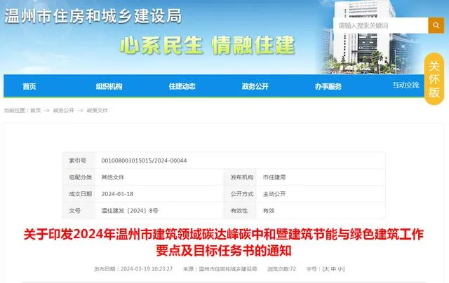装配式政策|温州市印发2024年建筑领域碳达峰碳中和暨建筑节能与绿色建筑工作要点及目标任务书